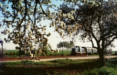 Unbekannte V100 mit Nahverkehrszug aus Friedberg (Hess) am 14.05.1982 in Beienheim.
