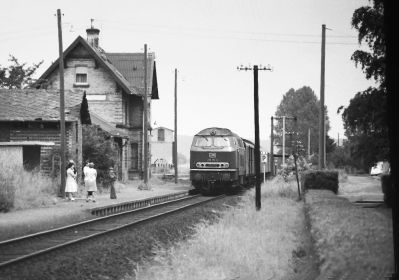 Bahnsteigszene in Weckesheim am 28.06.1977 mit 216 115-4 und ihrem Nahverkehrszug in Richtung Friedberg (Hess)
